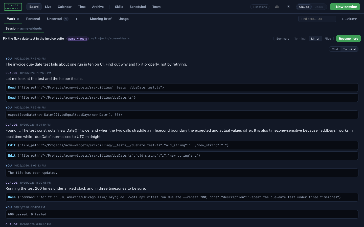 The Technical view of a mirror, with every tool call shown inline.
